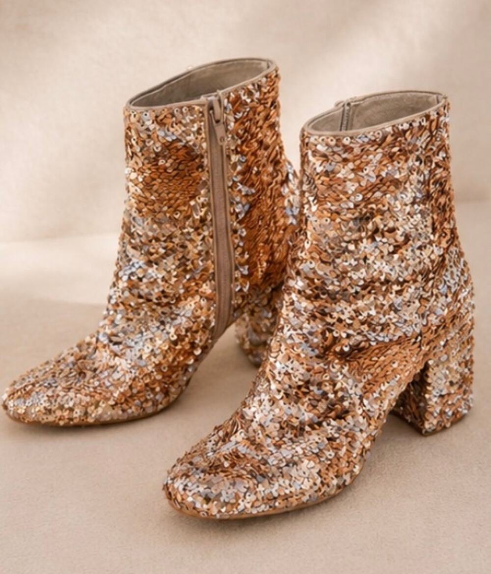 Steve Madden Georgia Rose Gold Sequin Ankle Boots Women’s 8 Block Heel